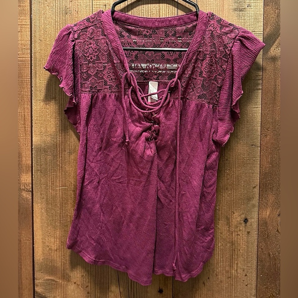 Juniors Lace Yoke Magenta Peasant Top XL